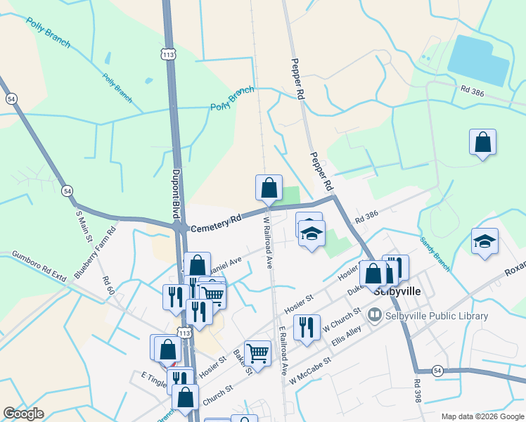 map of restaurants, bars, coffee shops, grocery stores, and more near Cemetery Road in Selbyville