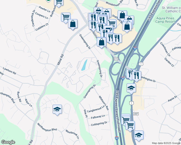 map of restaurants, bars, coffee shops, grocery stores, and more near Chapel Ridge Court in Stafford County