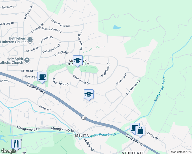 map of restaurants, bars, coffee shops, grocery stores, and more near 1405 Nighthawk Drive in Santa Rosa