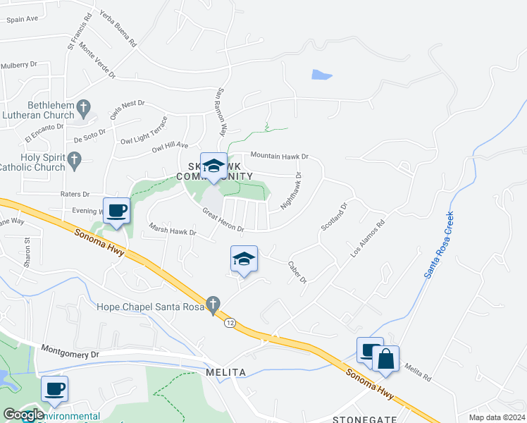 map of restaurants, bars, coffee shops, grocery stores, and more near 1439 Nighthawk Place in Santa Rosa