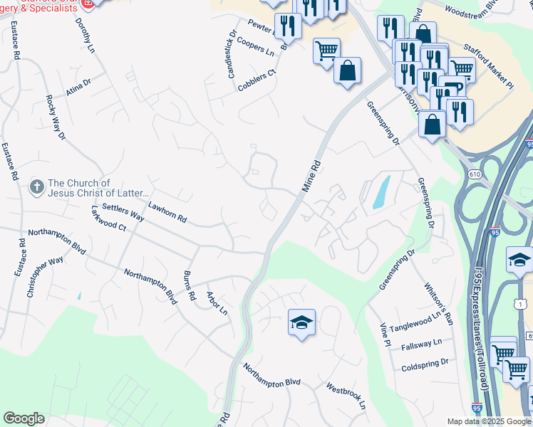 map of restaurants, bars, coffee shops, grocery stores, and more near 702 Knollwood Court in Stafford