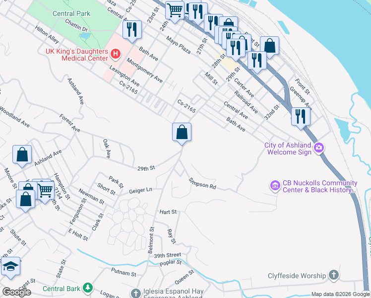 map of restaurants, bars, coffee shops, grocery stores, and more near 929 29th Street in Ashland
