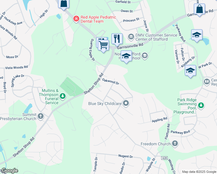 map of restaurants, bars, coffee shops, grocery stores, and more near 115 Glenwood Avenue in Stafford