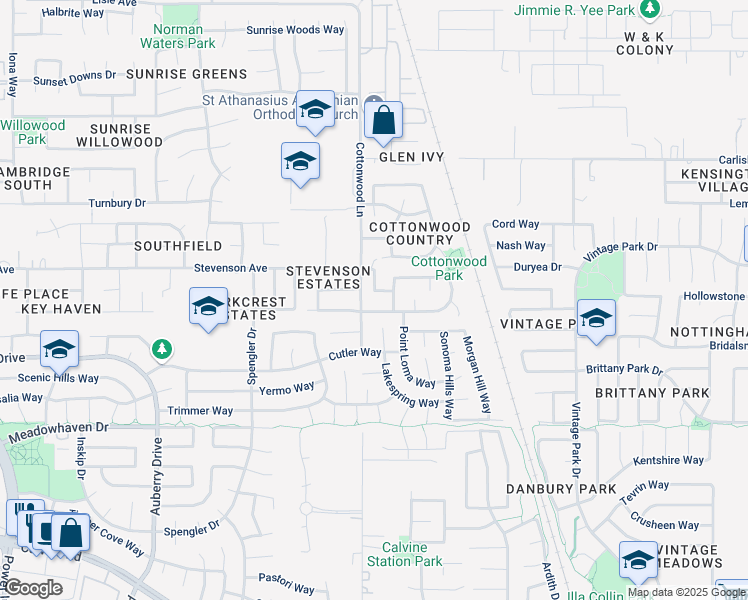 map of restaurants, bars, coffee shops, grocery stores, and more near 8538 Birch Hollow Way in Sacramento