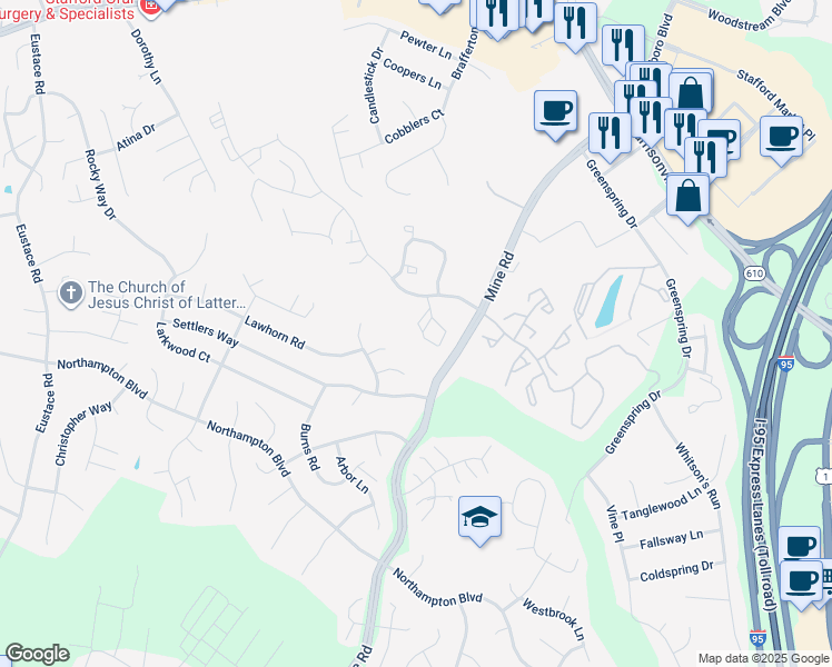 map of restaurants, bars, coffee shops, grocery stores, and more near 705 Knollwood Court in Stafford