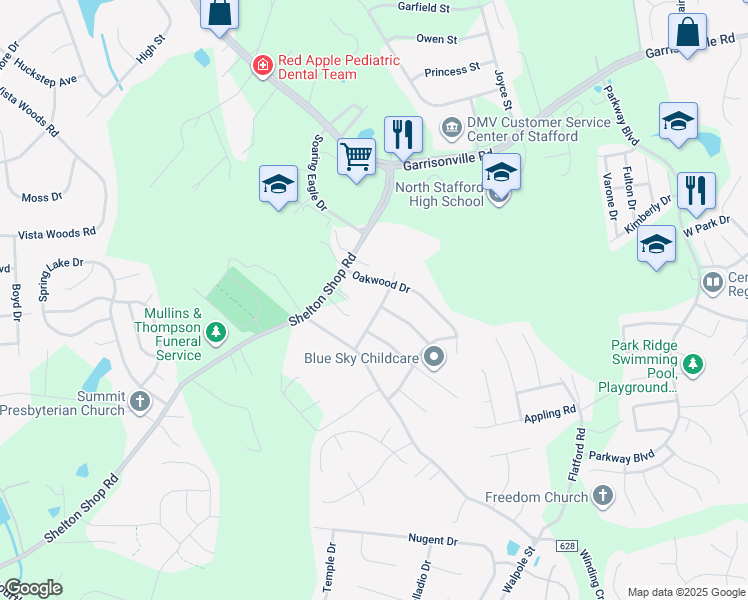 map of restaurants, bars, coffee shops, grocery stores, and more near 115 Glenwood Avenue in Stafford
