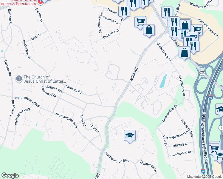 map of restaurants, bars, coffee shops, grocery stores, and more near 705 Knollwood Court in Stafford