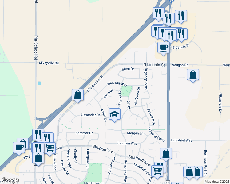 map of restaurants, bars, coffee shops, grocery stores, and more near 635 Alwin Drive in Dixon