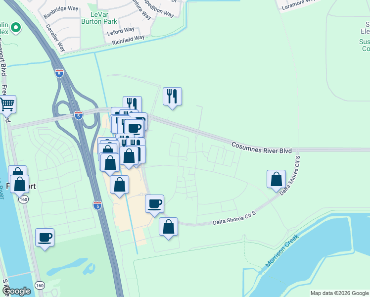 map of restaurants, bars, coffee shops, grocery stores, and more near 2082 Gravel Bar Way in Sacramento