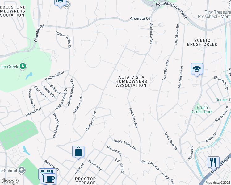 map of restaurants, bars, coffee shops, grocery stores, and more near 3970 Montecito Avenue in Santa Rosa