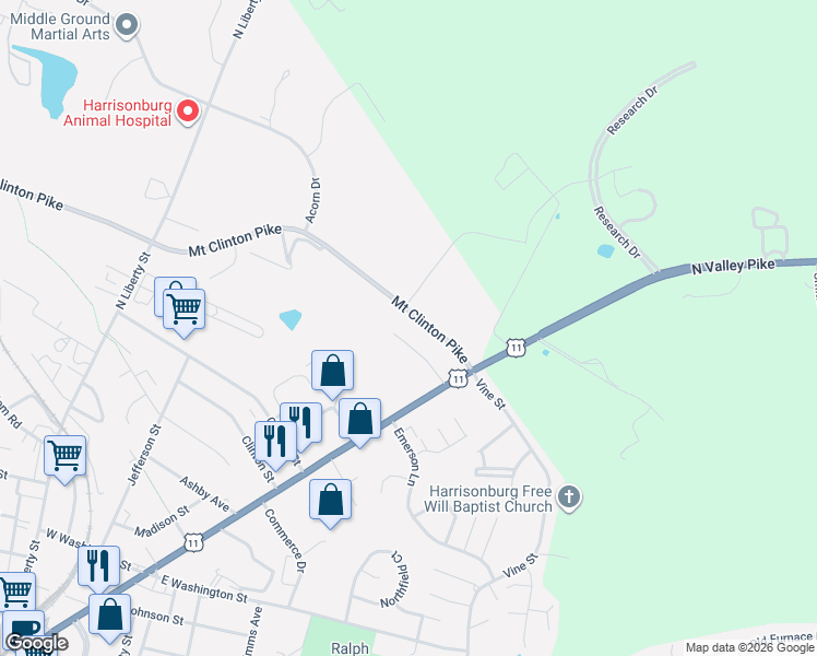 map of restaurants, bars, coffee shops, grocery stores, and more near 26-80 Mount Clinton Pike in Harrisonburg