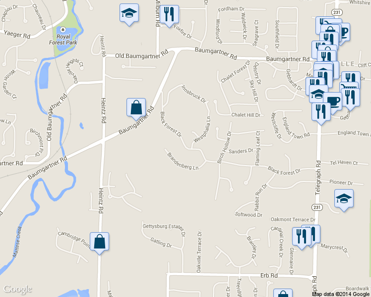map of restaurants, bars, coffee shops, grocery stores, and more near 2808 Black Forest Drive in St. Louis