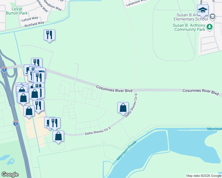 map of restaurants, bars, coffee shops, grocery stores, and more near Cosumnes River Boulevard in Sacramento