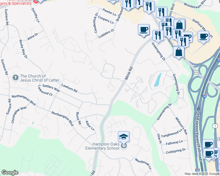 map of restaurants, bars, coffee shops, grocery stores, and more near 702 Knollwood Court in Stafford