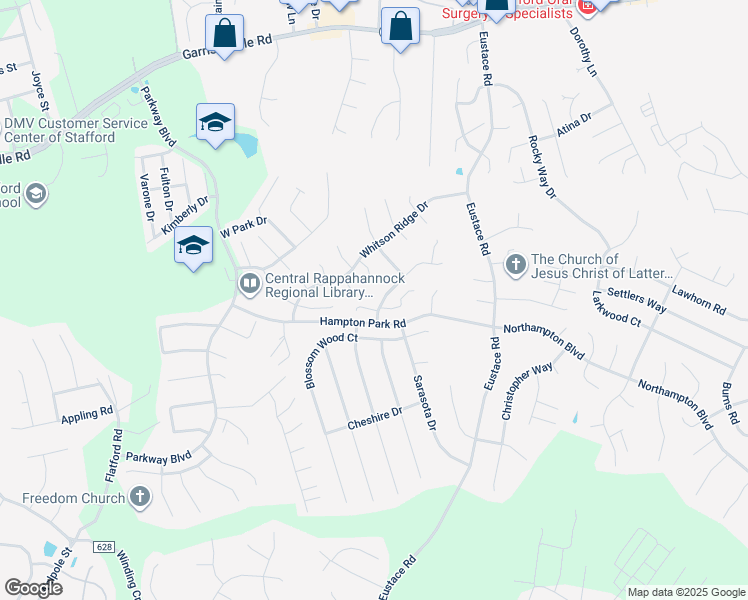 map of restaurants, bars, coffee shops, grocery stores, and more near 11 Woods Edge Court in Stafford