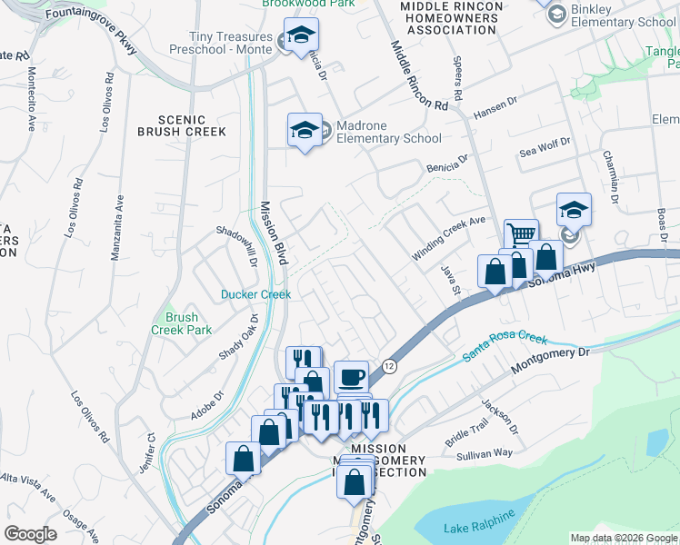 map of restaurants, bars, coffee shops, grocery stores, and more near 203 Bluejay Drive in Santa Rosa