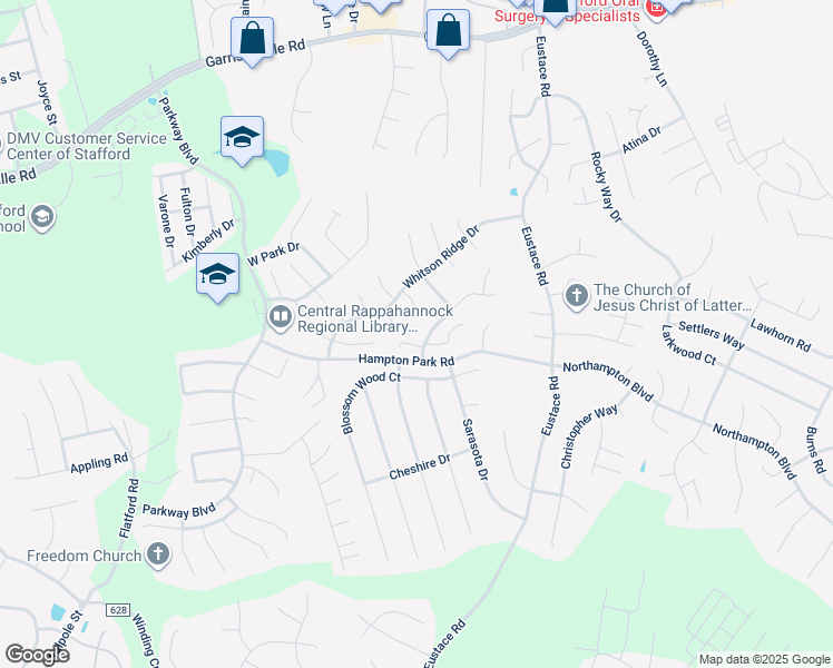 map of restaurants, bars, coffee shops, grocery stores, and more near 11 Woods Edge Court in Stafford