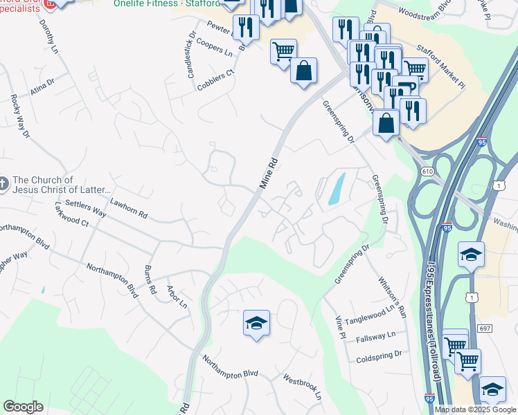 map of restaurants, bars, coffee shops, grocery stores, and more near 110 Bentley Court in Stafford