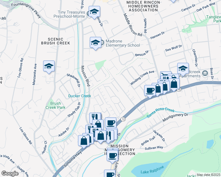 map of restaurants, bars, coffee shops, grocery stores, and more near 203 Bluejay Drive in Santa Rosa