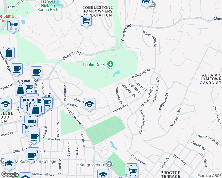 map of restaurants, bars, coffee shops, grocery stores, and more near 2234 Cummings Drive in Santa Rosa
