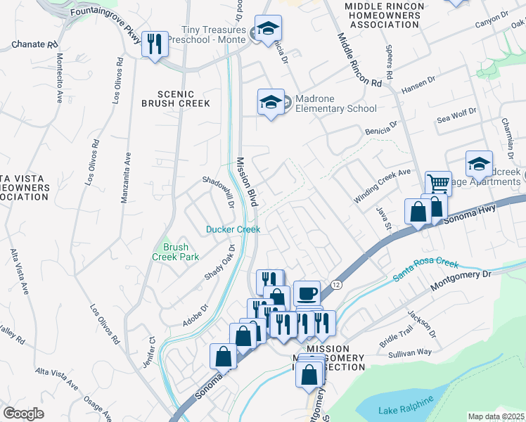 map of restaurants, bars, coffee shops, grocery stores, and more near 1711 Mission Boulevard in Santa Rosa