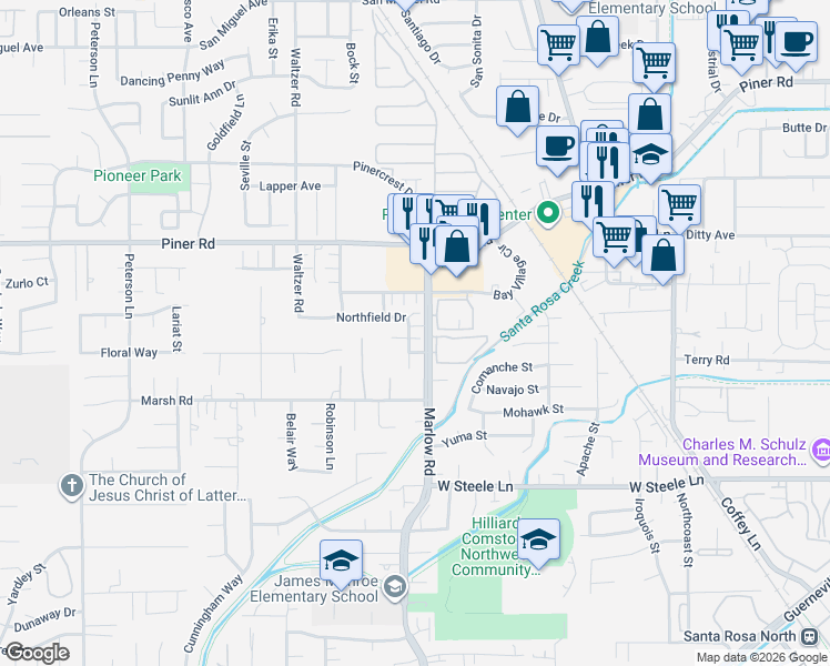 map of restaurants, bars, coffee shops, grocery stores, and more near in Santa Rosa