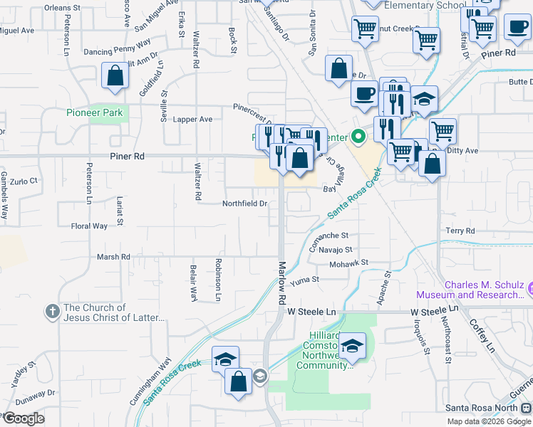map of restaurants, bars, coffee shops, grocery stores, and more near 1972 Northfield Drive in Santa Rosa