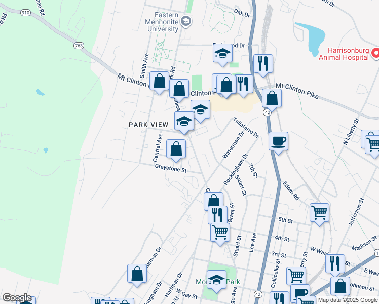 map of restaurants, bars, coffee shops, grocery stores, and more near 1006 Ashwood Street in Harrisonburg