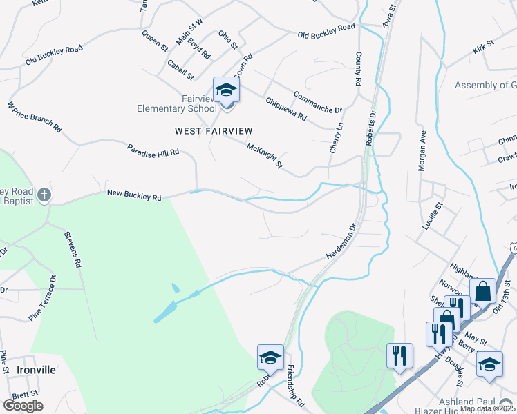 map of restaurants, bars, coffee shops, grocery stores, and more near 371-413 West New Buckley Road in Ashland