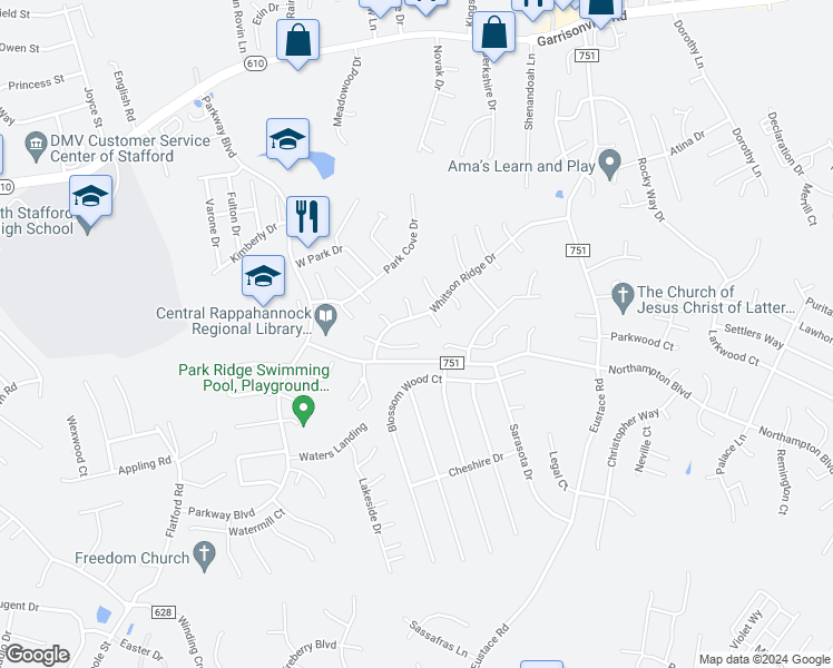 map of restaurants, bars, coffee shops, grocery stores, and more near 9 Knollside Court in Stafford