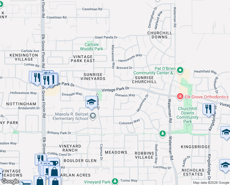 map of restaurants, bars, coffee shops, grocery stores, and more near 9097 Durness Way in Sacramento