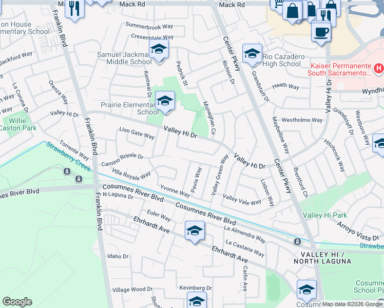map of restaurants, bars, coffee shops, grocery stores, and more near 5420 Meadow Park Way in Sacramento