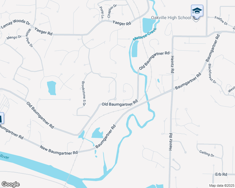 map of restaurants, bars, coffee shops, grocery stores, and more near 5830 Falcon View Lane in St. Louis