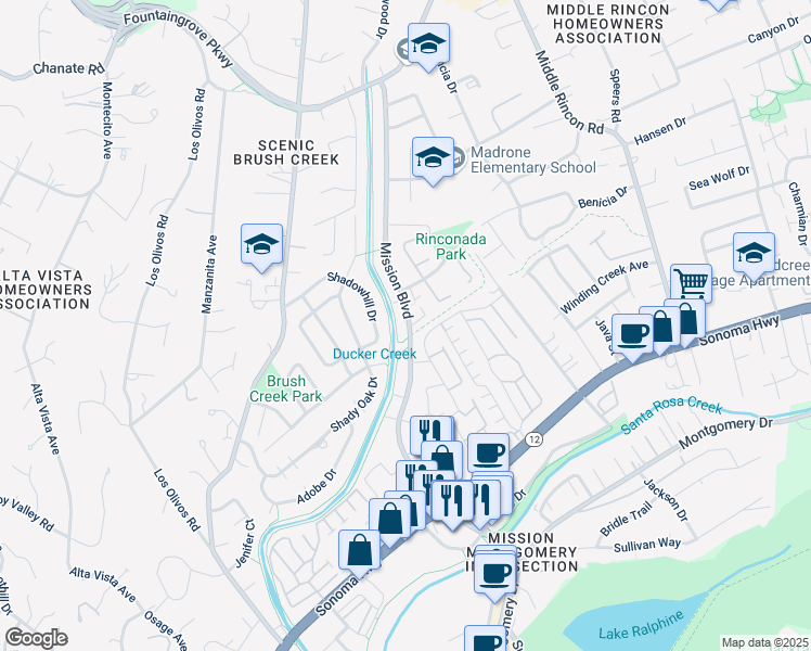 map of restaurants, bars, coffee shops, grocery stores, and more near 1711 Mission Boulevard in Santa Rosa