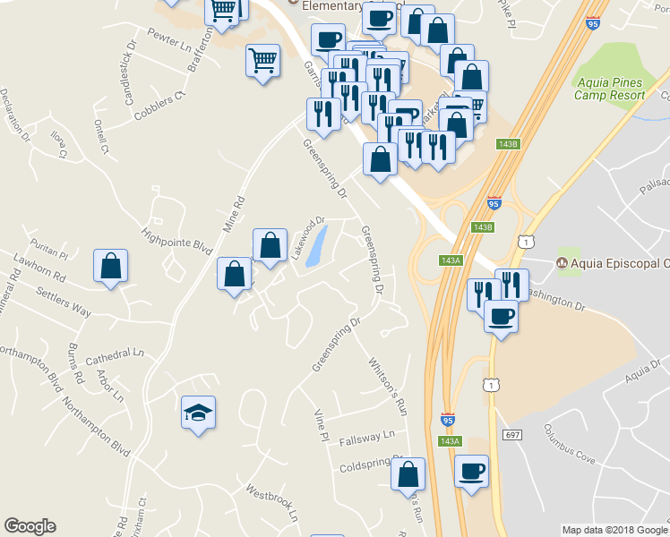 map of restaurants, bars, coffee shops, grocery stores, and more near 308 Ridgecrest Court in Stafford