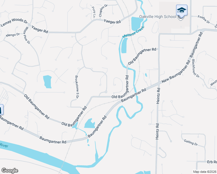 map of restaurants, bars, coffee shops, grocery stores, and more near 5830 Falcon View Lane in Saint Louis