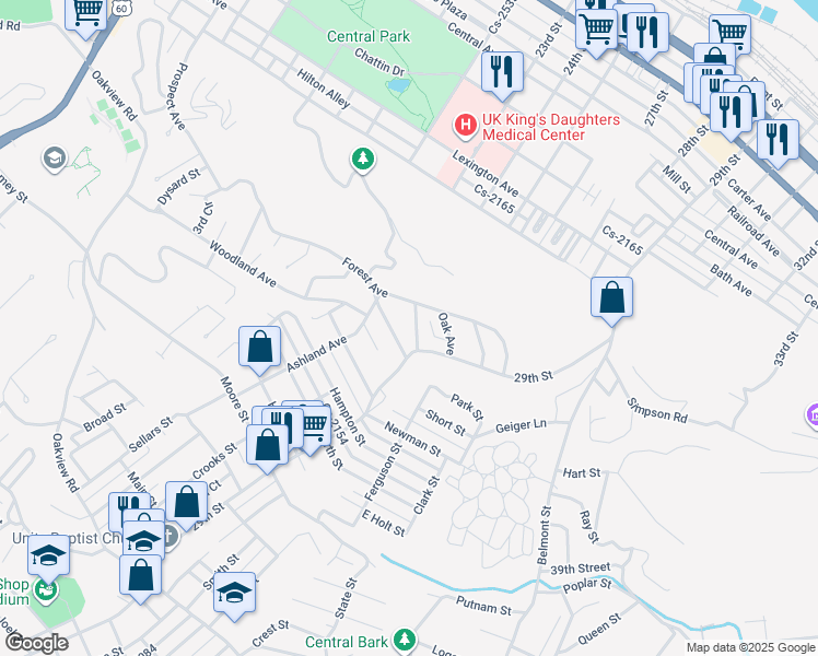 map of restaurants, bars, coffee shops, grocery stores, and more near 1121 Maple Avenue in Ashland
