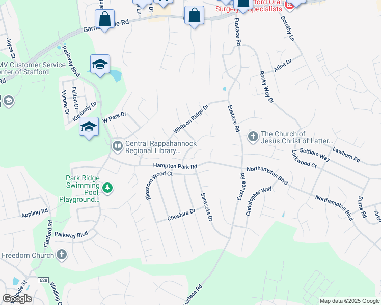 map of restaurants, bars, coffee shops, grocery stores, and more near 16 Woods Edge Court in Stafford