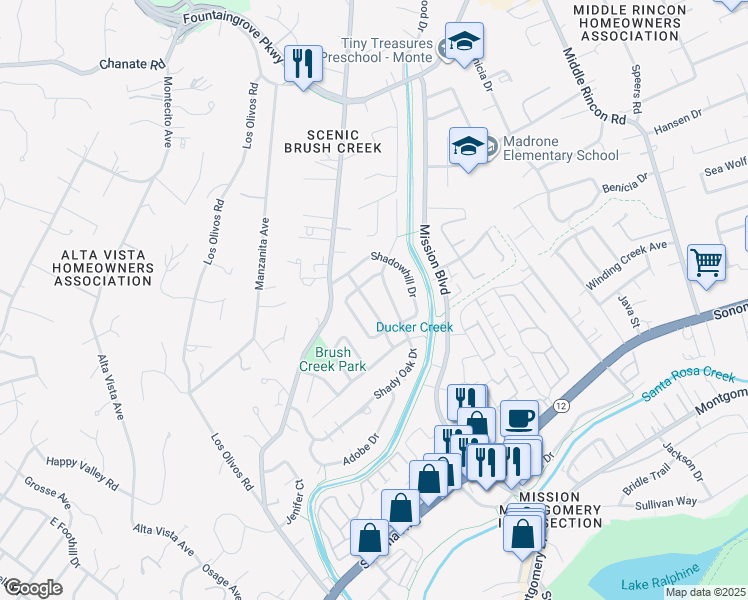 map of restaurants, bars, coffee shops, grocery stores, and more near 1132 Sunnyslope Drive in Santa Rosa