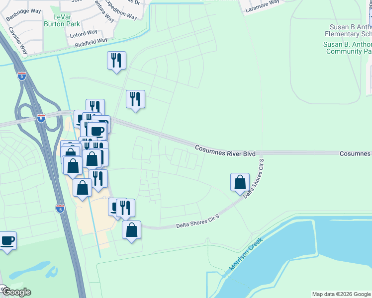 map of restaurants, bars, coffee shops, grocery stores, and more near 2207 Freshwater Way in Sacramento