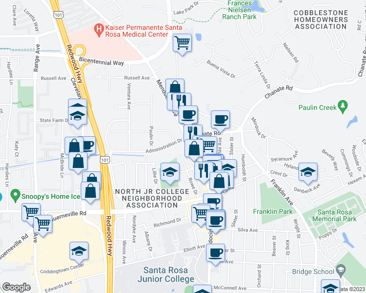 map of restaurants, bars, coffee shops, grocery stores, and more near 2425 Mendocino Avenue in Santa Rosa