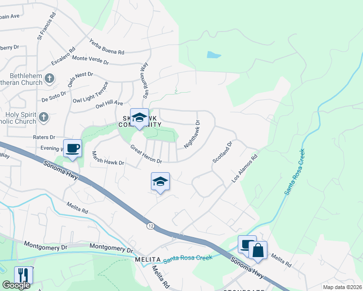 map of restaurants, bars, coffee shops, grocery stores, and more near 1405 Nighthawk Drive in Santa Rosa