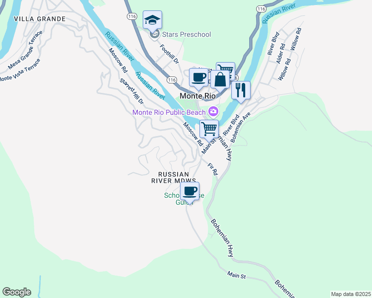 map of restaurants, bars, coffee shops, grocery stores, and more near 21476 Rio Vista Terrace in Monte Rio