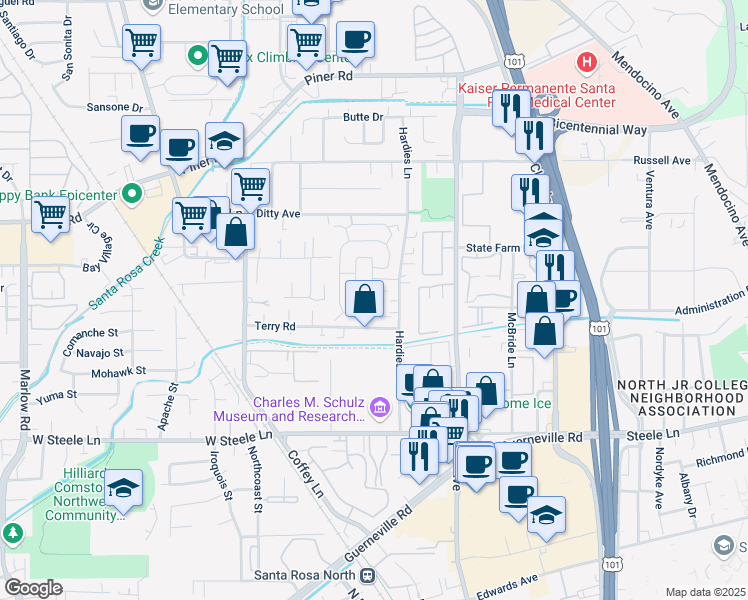map of restaurants, bars, coffee shops, grocery stores, and more near 65 Estrella Drive in Santa Rosa