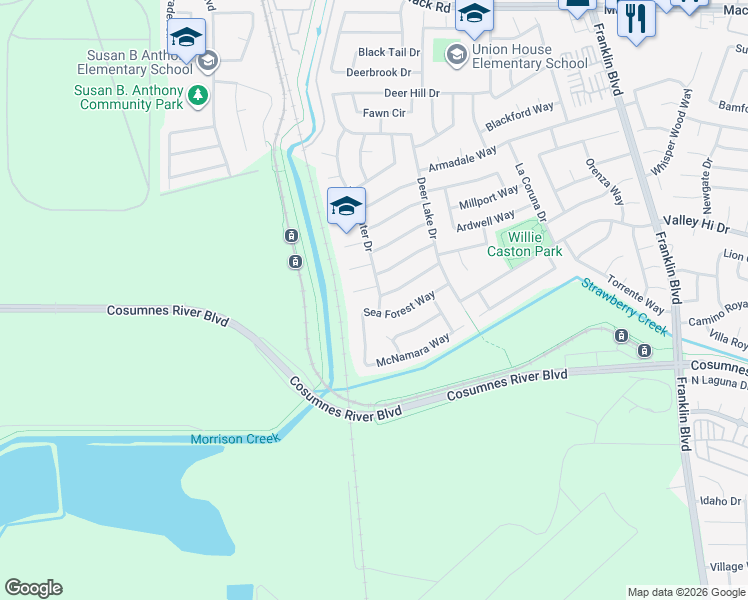 map of restaurants, bars, coffee shops, grocery stores, and more near 8040 Deer Water Drive in Sacramento