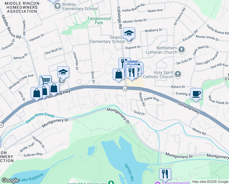 map of restaurants, bars, coffee shops, grocery stores, and more near 97 Firestone Way in Santa Rosa