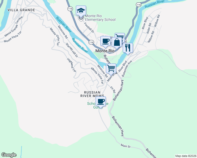 map of restaurants, bars, coffee shops, grocery stores, and more near 21476 Rio Vista Terrace in Monte Rio