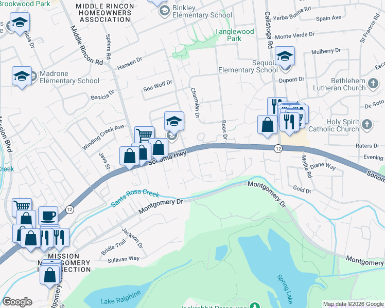 map of restaurants, bars, coffee shops, grocery stores, and more near 202 Indian Creek Drive in Santa Rosa
