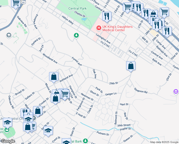 map of restaurants, bars, coffee shops, grocery stores, and more near 1121 Maple Avenue in Ashland