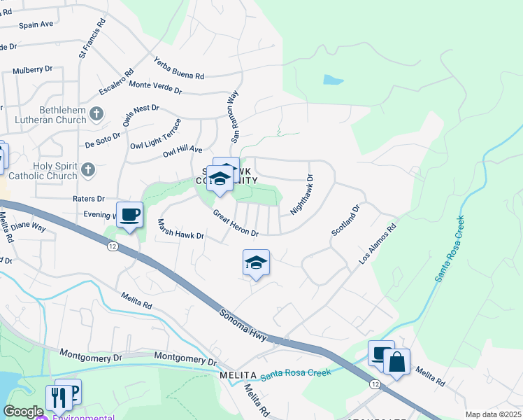 map of restaurants, bars, coffee shops, grocery stores, and more near 1424 Twilight Way in Santa Rosa
